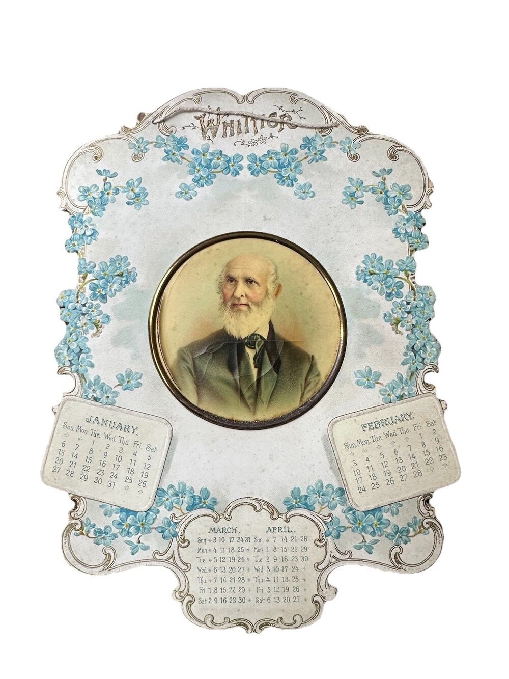 1901 John Greenleaf Whittier (1807-1892) Fireside Poet Blue Floral Calendar Year